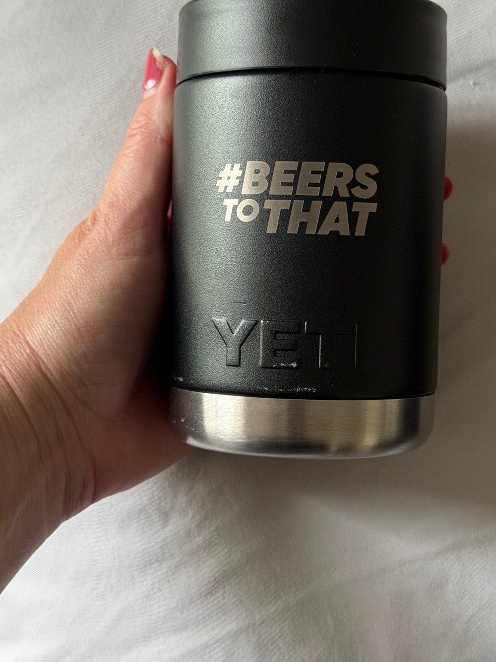 Yeti Black Insulated Can Cooler with "#BEERS TO THAT" Text